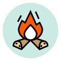 Campfire symbol in circle. Firewood in flame icon. Camp logo