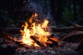 Campfire at touristic camp in the night. Flame and fire sparks on dark background. Generative AI Royalty Free Stock Photo