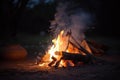 Campfire at touristic camp in the night. Flame and fire sparks on dark background. Generative AI Royalty Free Stock Photo