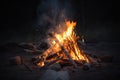 Campfire at touristic camp in the night. Flame and fire sparks on dark background. Generative AI Royalty Free Stock Photo