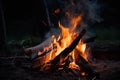 Campfire at touristic camp in the night. Flame and fire sparks on dark background. Generative AI Royalty Free Stock Photo