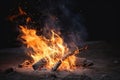 Campfire at touristic camp in the night. Flame and fire sparks on dark background. Generative AI Royalty Free Stock Photo