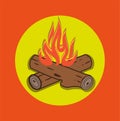 Campfire vector cartoon style illustration - Crossed logs and fire flames on an Orange background