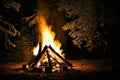 Campfire In The Woods, Warm Atmosphere Inside The Forest Late At Night With Generative AI