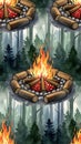 Campfires in Forest Illustration with Trees Royalty Free Stock Photo