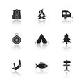 Campground equipment drop shadow icons set.