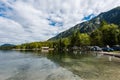 Campground on the Lake Bohinj in mountain valley in the Triglav National Park in Slovenia on summer day Royalty Free Stock Photo
