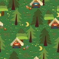 Campground outdoor scene seamless vector background. Camping pattern. Glamping Boho tents at night in the forest. Trees, campfire, Royalty Free Stock Photo