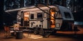 Campground scene at night with a RV parked in the woods, featuring a vehicle, windows, wheels, and a motor vehicle. Royalty Free Stock Photo