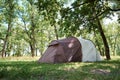 Campimg tent in pine forest in a summer day. Tourist camp Royalty Free Stock Photo