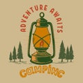 Camping. Adventure awaits. Vintage design with forest silhouettes and camping lantern. For poster, banner, emblem, sign Royalty Free Stock Photo