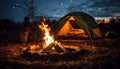 Camping adventure, fire, tent, outdoors, nature, flame generated by AI