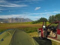 Camping adventure in Iceland - tent and old off-road car with op Royalty Free Stock Photo