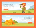 Camping Adventure with Man Tourist Character with Backpack Hiking and Trekking in Mountains Vector Template