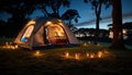 Camping adventure nature illuminated dome tent, fire, and relaxation generated by AI Royalty Free Stock Photo