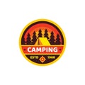 Camping adventure outdoors - concept badge logo in flat style. Extreme exploration sticker symbol. Vector illustration. Graphic