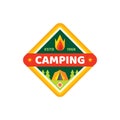 Camping adventure outdoors - concept badge logo in flat style. Extreme exploration sticker symbol.  Vector illustration. Graphic Royalty Free Stock Photo