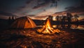 Camping adventure sunset, campfire, tent, nature, hiking, relaxation generated by AI Royalty Free Stock Photo