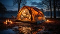 Camping adventure tent, fire, nature, hiking, mountain, relaxation, lantern generated by AI Royalty Free Stock Photo