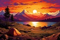 camping adventure tent in forest by lake mountain view sunset AI generated