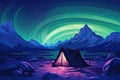 camping adventure tent in forest mountain view aurora borealis polar lights AI generated