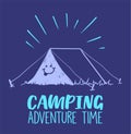Camping adventure time illustration with tent and smile on it. Coloured illustration.