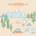 Camping, adventure, travel. Background set of characters, objects. Drawn by hand. Vector illustration.