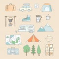 Camping, adventure, travel. Background set of characters, objects. Drawn by hand. Vector illustration.