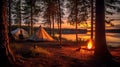 Camping area in the forest. Generative ai image. Royalty Free Stock Photo