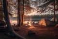Camping area in the forest. Generative ai image. Royalty Free Stock Photo