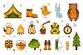 Camping Associated Symbols Illustration. Set Of Hiking And Camping Equipment And Related Objects