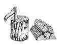 Camping ax stump and cut wood. Ax, tree stumps and firewood. Vector vintage illustration. Black and white sketch.