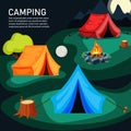 camping background. colored outdoor tents on night landscape. Vector template with place for personal text