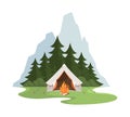 Camping background. Landscape with mountain campfire and protection tent for travellers family vacation in national park