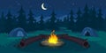 Camping background with night camp in a forest, tents, campfire and sitting log