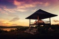 Camping on background sunset, volcano batur and mountain