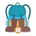 Camping backpack boots and compass equipment cartoon