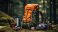 Camping backpack, elements and equipment in a forest lawn