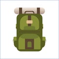 Camping backpack in flat design. Backpack for fishing on isolated white background