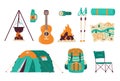 Camping and backpacking tourists equipment flat vector illustration isolated.