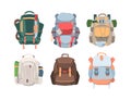 Camping backpacks set. Necessary equipment for tourism and travel colored and thick fabrics more things with hiking pot