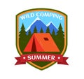 Camping badge with tent, mountains, trees, summer banner. Outdoor adventure emblem, nature and travel theme. Vector Royalty Free Stock Photo