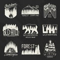 Camping badges, mountains coniferous forest and wooden logo. wild nature. landscapes with pine trees and hills. emblem Royalty Free Stock Photo