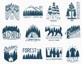 Camping badges, mountains coniferous forest and wooden logo. wild nature. landscapes with pine trees and hills. emblem Royalty Free Stock Photo