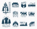 Camping badges, mountains coniferous forest and wooden logo. wild nature. landscapes with pine trees and hills. emblem Royalty Free Stock Photo