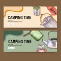 Camping banner design with kettle, food, flask, pot watercolor illustration