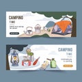 Camping banner design with lantern, tent, pot, penknife, map watercolor illustration