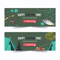 Camping banner design with rod, fish, tent, firewood watercolor illustration