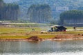 Camping barbecue site by the river of the outdoor reservoir Royalty Free Stock Photo