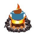 Camping bonfire, burning woodpile and round of stones, campfire or fireplace on firewood vector steak bbq and grill